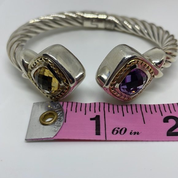 Reyes del Mar 18k Gold & Sterling Silver Amethyst  & Yellow Citrine Hinged Cuff - Picture 6 of 7